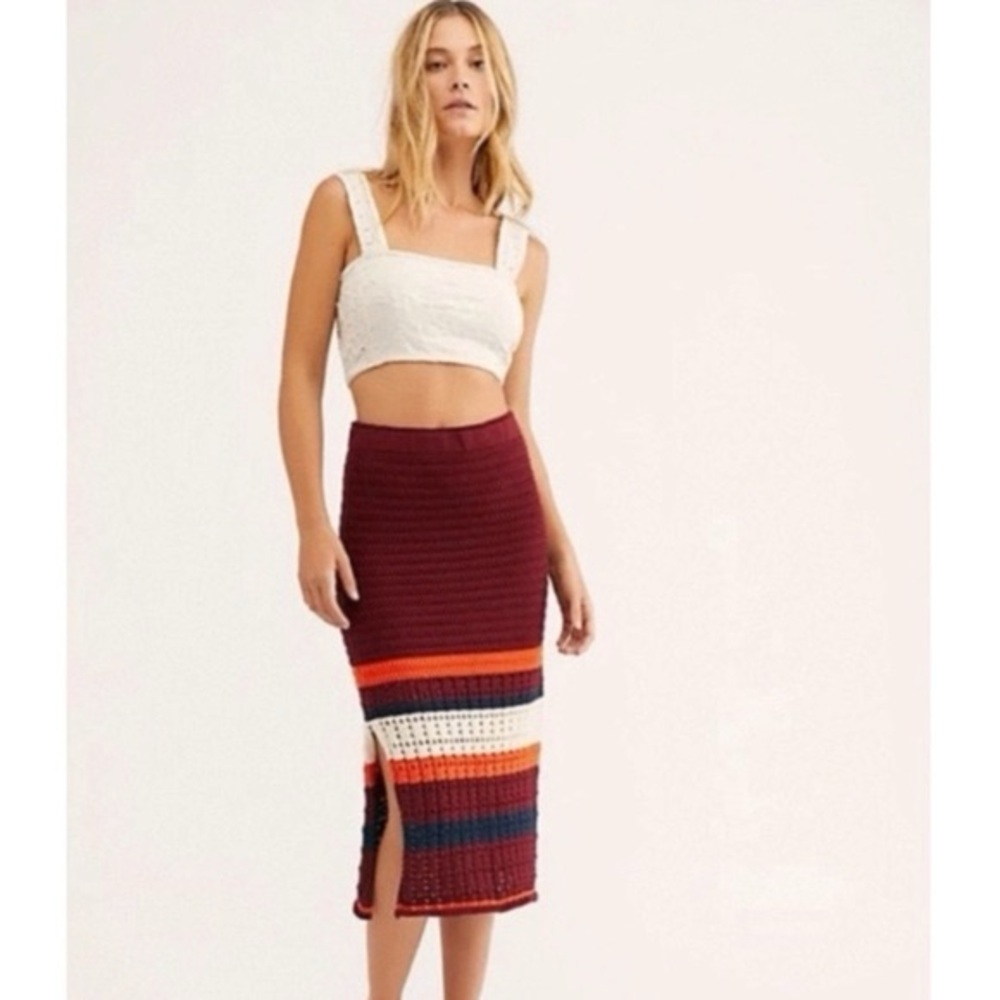 FREE PEOPLE | Far From Here Crochet Midi Skirt in Red Combo